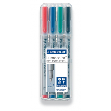 Staedtler OHP-marker Lumocolor Non-Permanent geassorteerde kleuren, box met 4 stuks, superfijn 0,4 mm