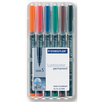 Staedtler OHP-marker Lumocolor Permanent geassorteerde kleuren, box met 6 stuks, superfijn 0,4 mm