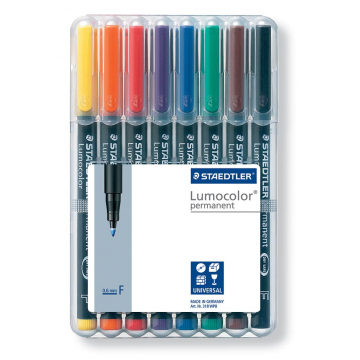Staedtler OHP-marker Lumocolor Permanent geassorteerde kleuren, box met 8 stuks, fijn 0,6 mm