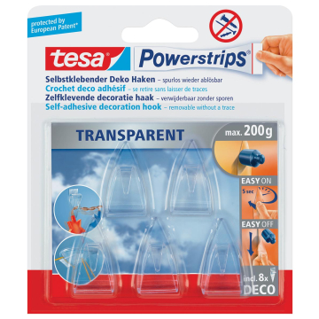 Tesa zelfklevende haken Powerstrips, draagkracht 200 g, blister van 8 strips en 5 haakjes