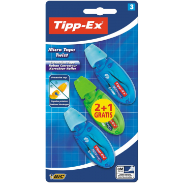 Tipp-Ex correctieoller Micro Tape Twist blauw en groen, blister 2+1 gratis