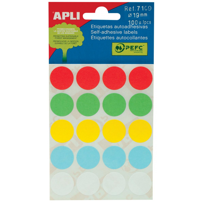 Lichaam Aas meditatie Apli ronde etiketten in etui diameter 19 mm, geassorteerde kleuren, 100  stuks, 20 per blad (7109) | OfficeSupplies-Shop.nl