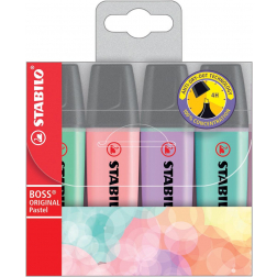 STABILO BOSS ORIGINAL Pastel markeerstift, etui van 4 stuks in geassorteerde kleuren