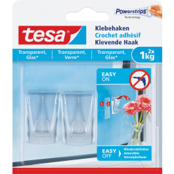 Tesa Klevende haak voor Transparant en Glas, draagvermogen 1 kg, blister van 2 stuks