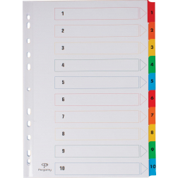 Pergamy tabbladen met indexblad, ft A4, 11-gaatsperforatie, geassorteerde kleuren, set 1-10