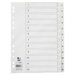 Q-CONNECT tabbladen, A4, PP, 11-gaatsperforatie, met indexblad, set van 1-12, wit