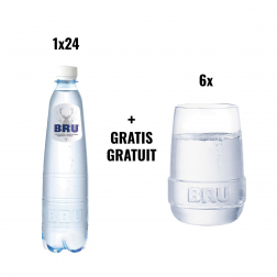 ACTIE BRU: 1 x lichtsprankelend water, 50 cl, pak van 24 stuks (ref. 05180) + 1 x GRATIS glas, set van 6