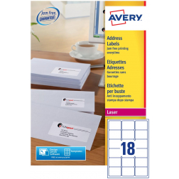 Avery L7161, Adresetiketten, Laser, Ultragrip, wit, 100 vellen, 18 per vel, 63,5 x 46,6 mm