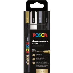 Uni POSCA paintmarker PC-3M, 1,5 mm, etui van 4 stuks in goud, wit, zilver en zwart