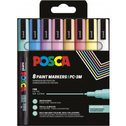 Uni POSCA paintmarker PC-3M, 1,5 mm, etui van 8 stuks in geassorteerde zachte kleuren