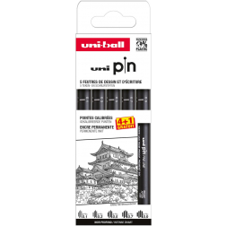 Uni Pin fineliner, gekalibreerde punten, zwart, 0,1-0,3-0,5-0,7-0,9 mm, blister van 4 + 1 gratis