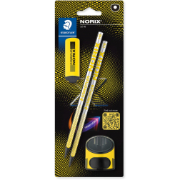 Staedtler Norix grafietpotlood, HB, met slijper en gom, geel, blister van 2 stuks