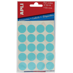 Apli ronde etiketten in etui diameter 19 mm, blauw, 100 stuks, 20 per blad (2064)