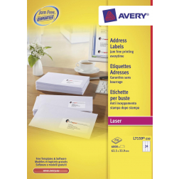 Avery L7159, Adresetiketten, Laser, Ultragrip, wit, 250 vellen, 24 per vel, 63,5 x 33,9 mm