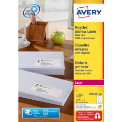 Avery gerecycleerde witte laseretiketten QuickPeel ft 63,5 x 38,1 mm (b x h), 2.100 stuks, 21 per blad