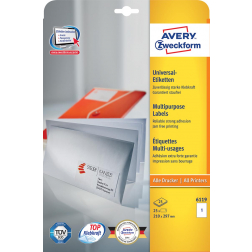 Avery Zweckform 6119, Universele etiketten, Ultragrip, wit, 25 vel, 1 per vel, 210 x 297 mm