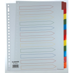 Class'ex tabbladen wit, 23-gaatsperforatie, 12 gekleurde tabs