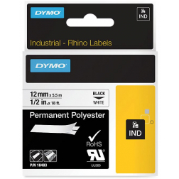 Dymo RHINO permanente polyester tape 12 mm, zwart op wit