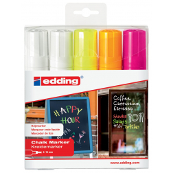 Edding krijtmarker e-4090 schuine punt etui van 5 stuks: 2 x wit, 1 x geel, 1 x oranje en 1 x roze