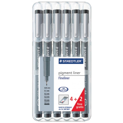 Staedtler pigment liner fineliner, ronde punt, verschillende schrijfbreedtes, etui van 4 + 2, zwart