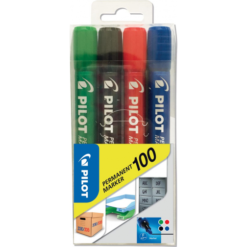 Pilot permanent marker 100, blister met 4 stuks in geassorteerde kleuren