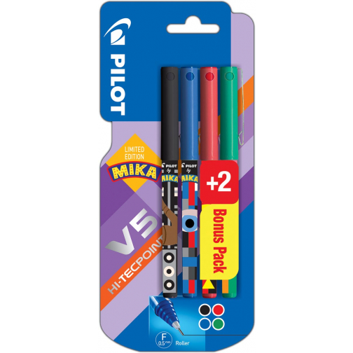 Pilot roller V-5 Mika, blister van 2+2 stuks gratis in geassorteerde kleuren