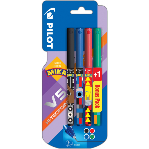 Pilot roller V-5 Mika, blister van 3+1 stuks gratis in geassorteerde kleuren