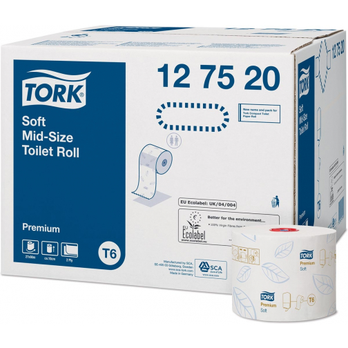 Tork Premium toiletpapier soft, mid-size, 2-laags, systeem T6, wit, pak van 27 rollen