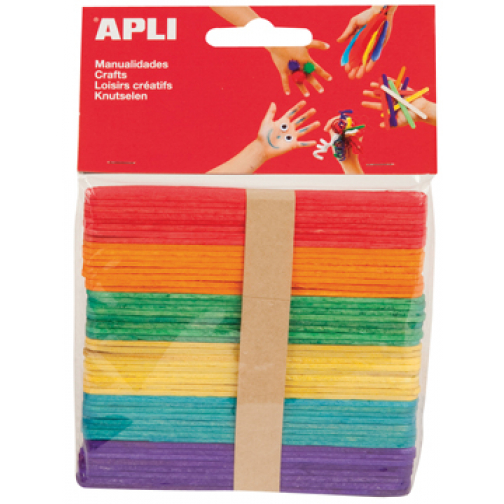 Apli gekleurde houten sticks, blister met 50 stuks