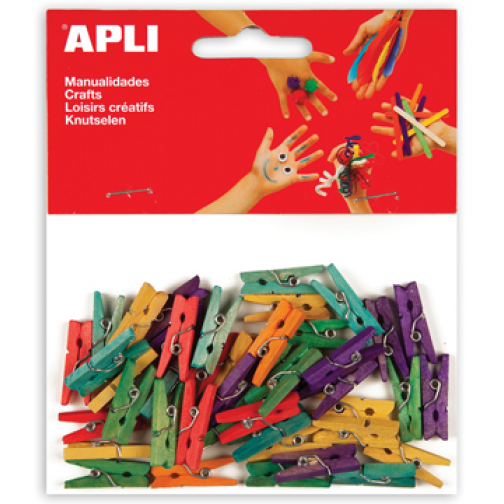 Apli houten gekleurde mini wasknijpers, blister met 45 stuks in geassorteerde kleuren