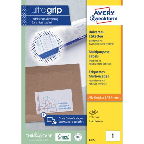 Etiket Avery 6135 210x148mm wit 200 stuks