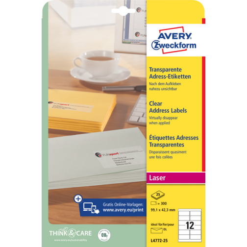 Etiket Avery L4772-25 99.1x42.3 mm transparant mat 300 stuks