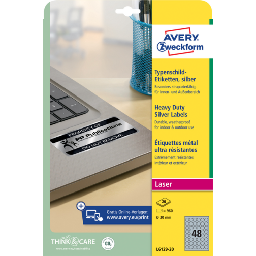 Etiket Avery L6129-20 rond 30mm zilver 960 stuks