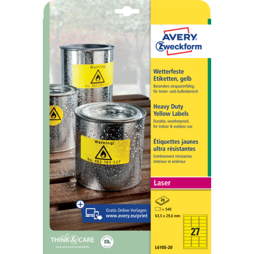 Etiket Avery L6105-20 63.5x29.6mm geel 540 stuks
