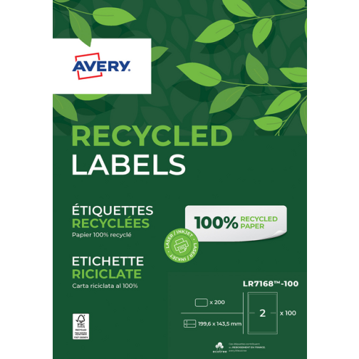 Etiket Avery LR7168-100 199.6x143.5mm recycled wit 200 stuks