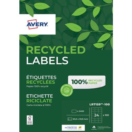 Etiket Avery LR7159-100 63.5x33.9mm recycled wit 2400 stuks
