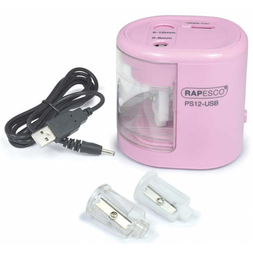 Rapesco automatische potloodslijper PS12, 2-gaats, USB of batterij, roze