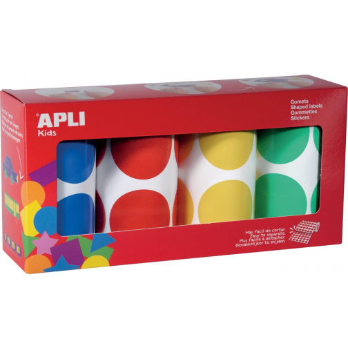 Apli Kids stickers XL cirkels, diameter 45 mm, doos met 4 rollen in 4 kleuren
