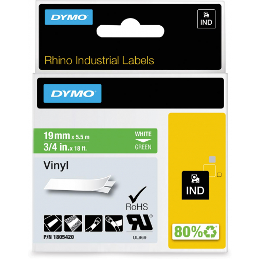 Dymo RHINO vinyltape 19 mm, wit op groen