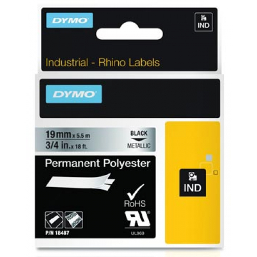 Dymo RHINO tape permanent polyester 19 mm, zwart op metaal