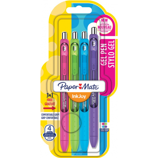 Paper Mate roller InkJoy Gel, blister 3 + 1 gratis in geassorteerde fun kleuren