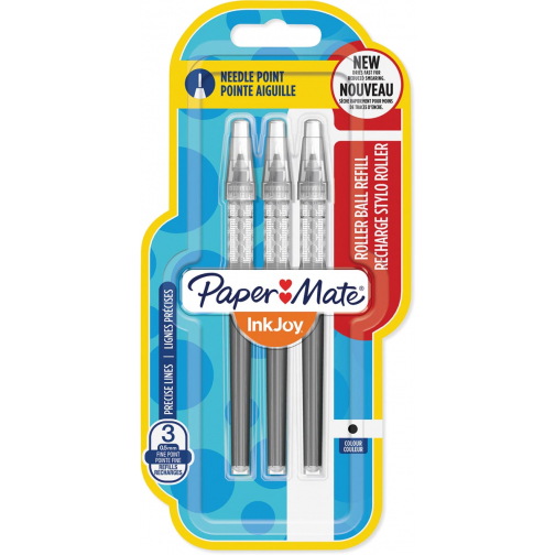 Paper Mate InkJoy vulling voor liquid-ink roller fijn, zwart, blister met 3 vullingen