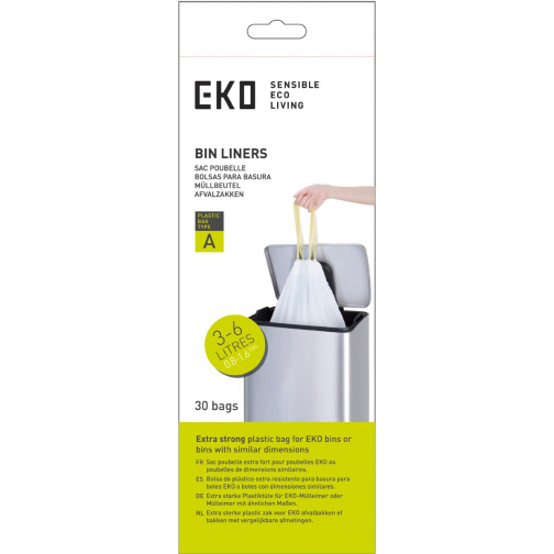 Eko vuilniszakken met trekbandsluiting, 3-6 liter, wit, 1 rol, 30 zakken