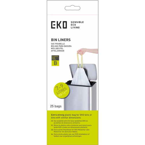 Eko vuilniszakken met trekbandsluiting, 7-9 liter, wit, 1 rol, 25 zakken