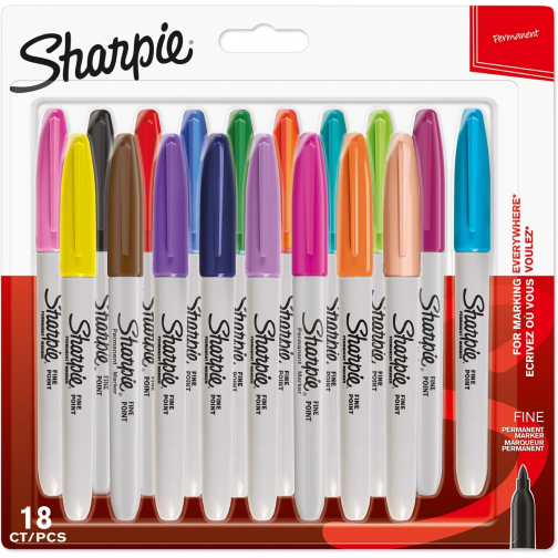 Sharpie permanente marker, fijn, blister van 18 stuks in geassorteerde kleuren
