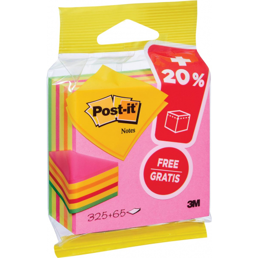 Post-it Notes kubus ft 76 mm x 76 mm, Neon, blok van 325 + 65 vel gratis, op blister