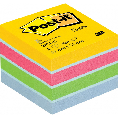 Post-it Notes mini kubus, 400 vel, ft 51 x 51 mm, geassorteerde kleuren