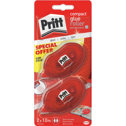 Pritt lijmroller Compact permanent, blister met 2 stuks, 2de aan halve prijs