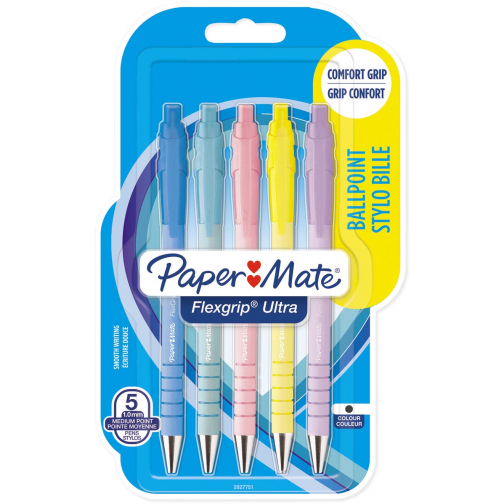 Paper Mate balpen Flexgrip Pastel RT, medium, zwarte inkt, blister van 5 stuks, assorti