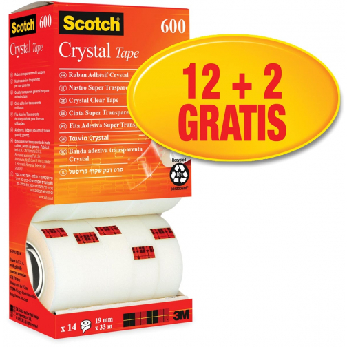 Scotch Plakband Crystal ft 19 mm x 33 m, doos met 14 rolletjes (12 + 2 gratis)